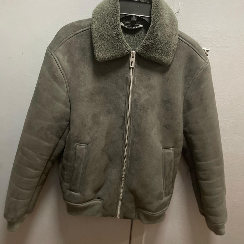 Green Faux Shearling Bomber Jacket - image 1